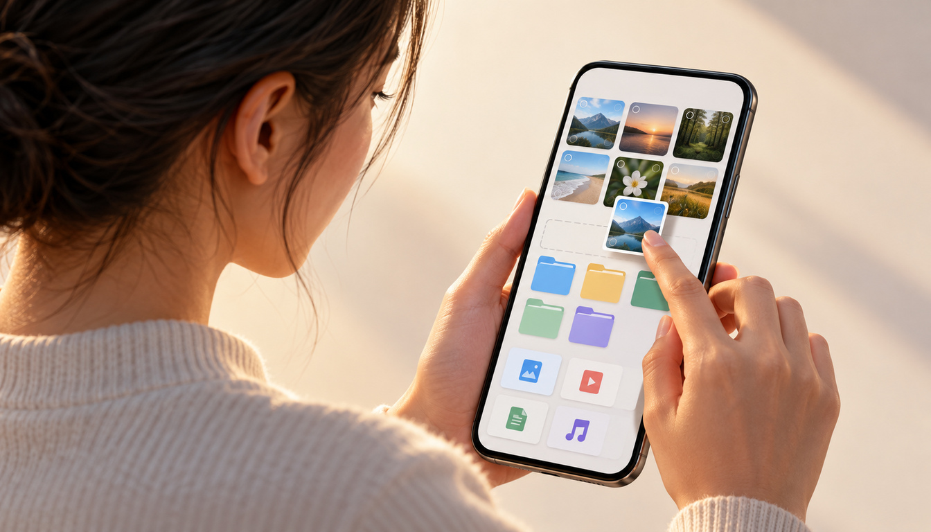 スマートフォンでデジタルファイルや写真を整理している様子