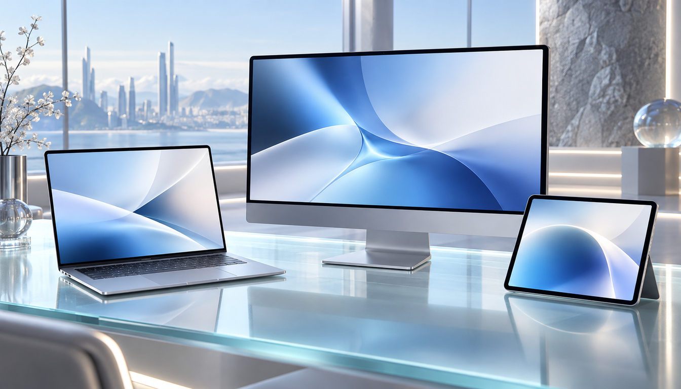 洗練されたデスクに並ぶノートPC・デスクトップ・小型タブレットのイメージ