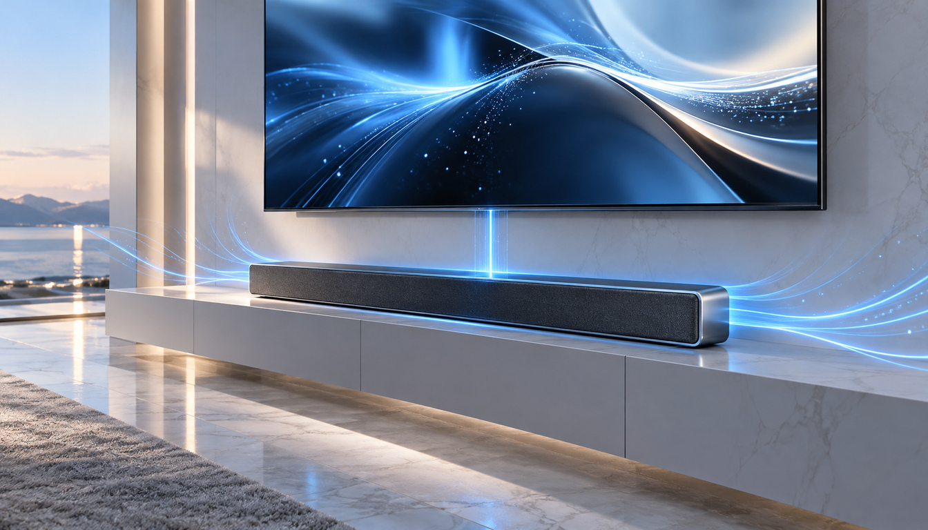 テレビとサウンドバーを組み合わせたホームシアター音響システムのイメージ