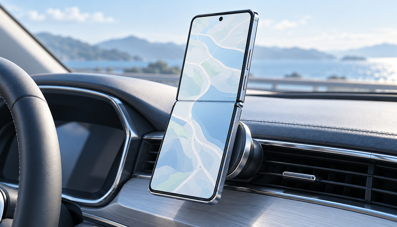 下半分を車載マウントに固定して縦に開いた折りたたみスマートフォンの概念イメージ
