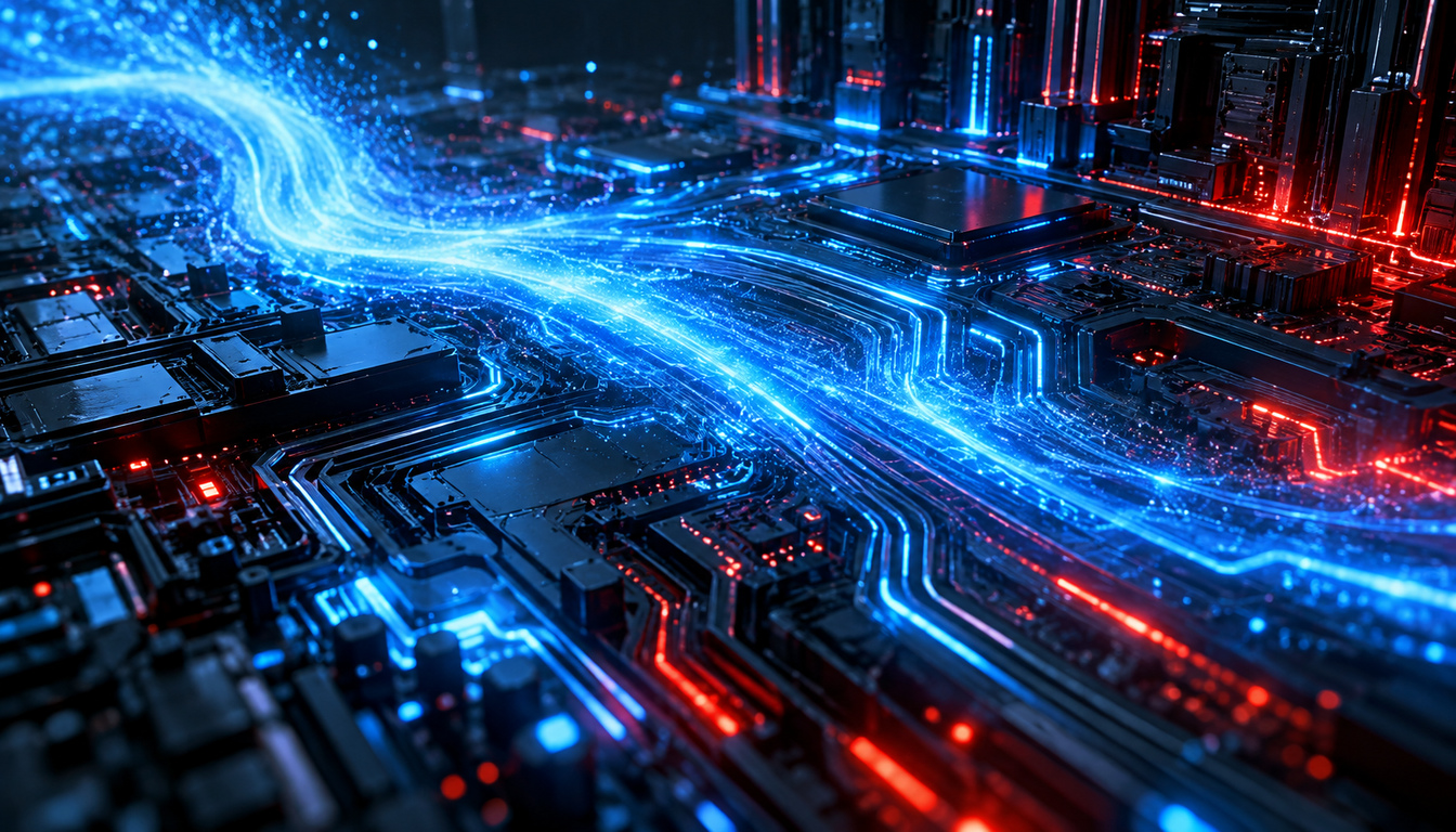 暗い電子回路の上を走るネオンブルーの光線によるデータ整理のイメージ